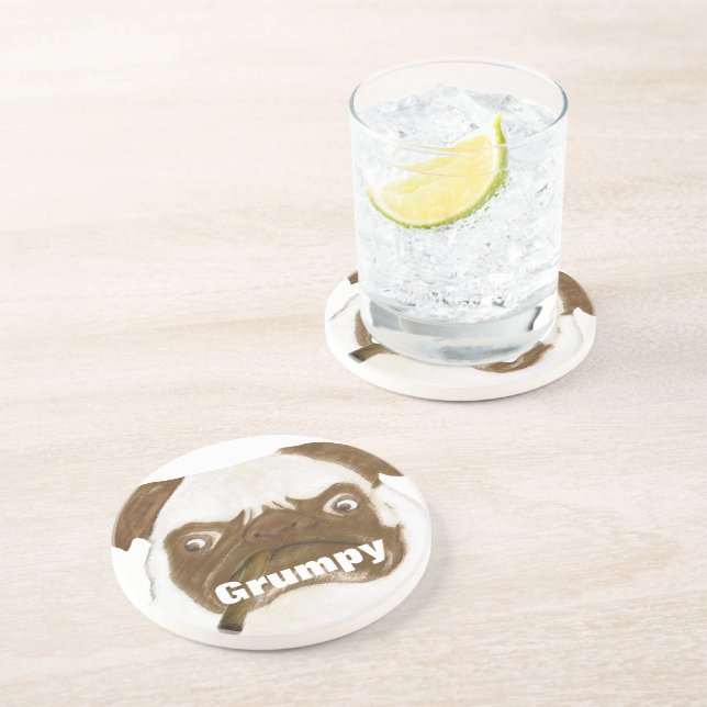 Personalised Grumpy Puggy with Cigar Coaster (Side)