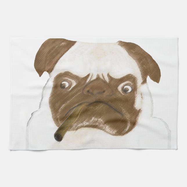Personalised Grumpy Puggy with Cigar Tea Towel (Horizontal)