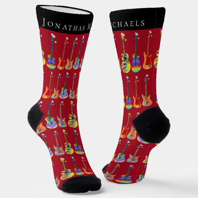 Personalised Guitar Christmas Red Socks (Angled)