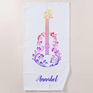 Personalised Guitar Colourful on White Beach Towel