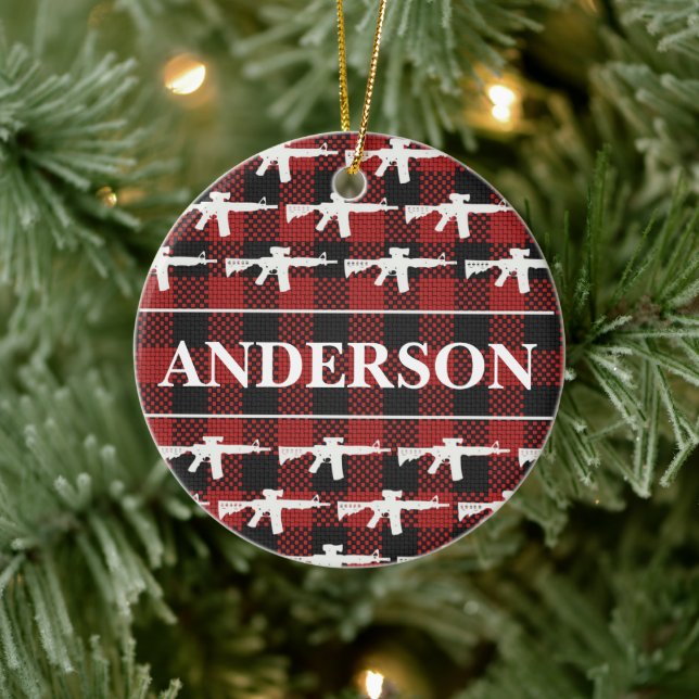 Personalised Gun Owner Plaid AR-15 Christmas Ceramic Tree Decoration (Tree)