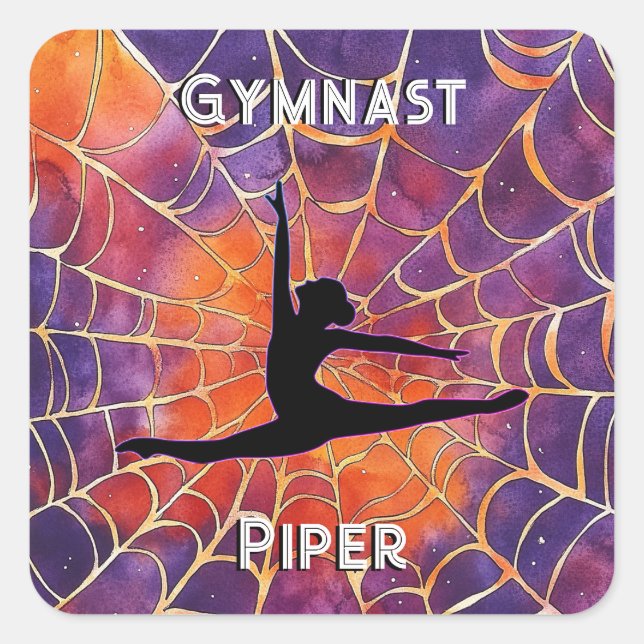 Personalised Gymnastics Halloween Spiderweb Square Sticker (Front)