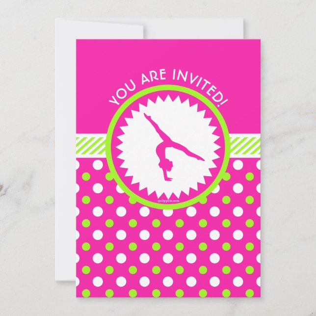 Personalised Gymnastics Pink Green Polka-Dots Invitation (Front)
