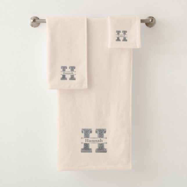 Personalised H Initial Silver Monogram Your Name   Bath Towel Set (Insitu)