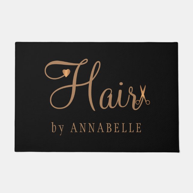 Personalised hair salon name copper gold black doormat (Front)