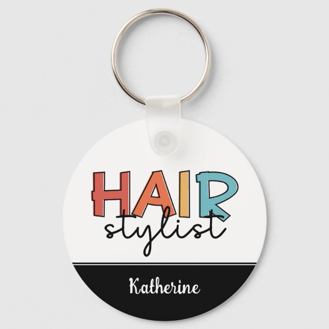 Personalised Hair Stylist Retro Hairdresser Gift Key Ring (Front)