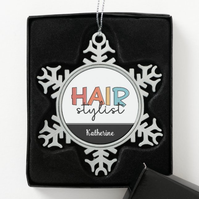 Personalised Hair Stylist Retro Hairdresser Gift Snowflake Pewter Christmas Ornament (Box)