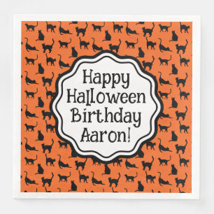 Personalised Halloween Birthday Orange Black Cat Napkin