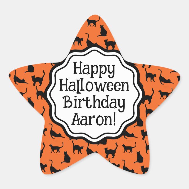 Personalised Halloween Birthday Orange Black Cat  Star Sticker (Front)