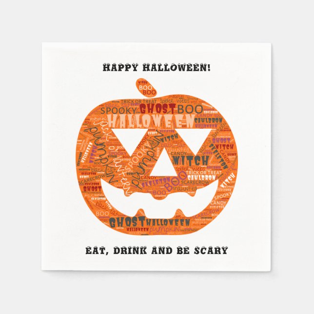 Personalised Halloween Carved Pumpkin Word Cloud Napkin (Front)