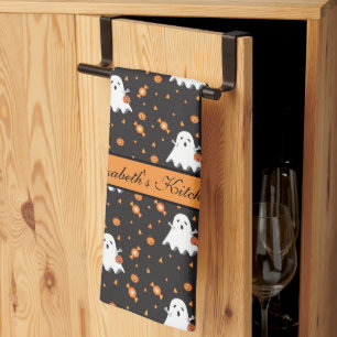 Personalised Halloween Ghost Pattern Black  Tea Towel