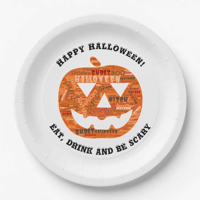 Personalised Halloween Jack-o'-Lantern Word Cloud Paper Plate (Front)