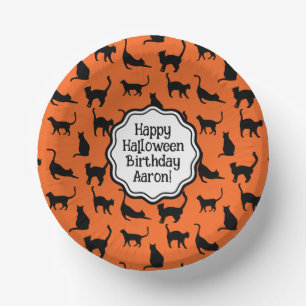 Personalised Halloween Party Orange Black Cat Paper Plate
