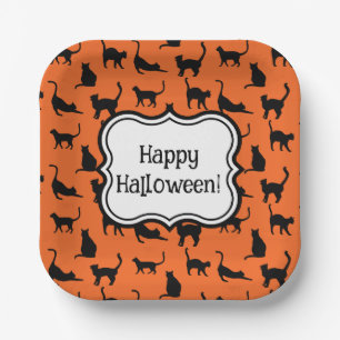 Personalised Halloween Party Orange Black Cat Paper Plate