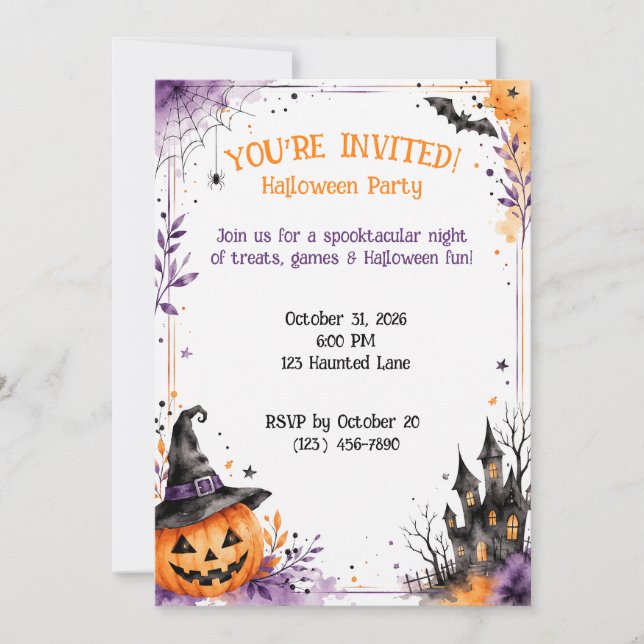 Personalised Halloween Party Watercolor  Invitation (Front)