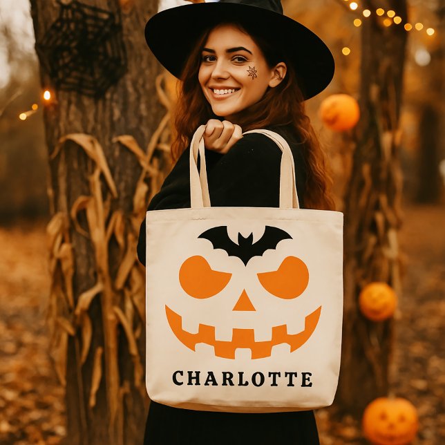 Personalised Halloween Pumpkin Face Custom Name Tote Bag (Creator Uploaded)