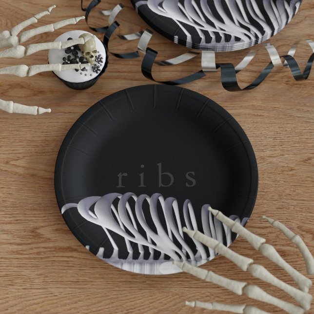 Personalised Halloween Skeleton Ribs Black White Paper Plate (Creator Uploaded)