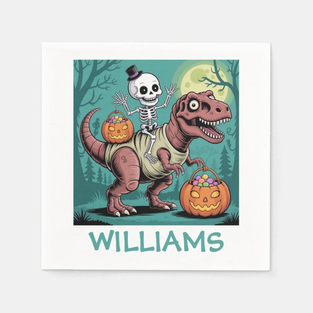 Personalised Halloween Skeleton Riding Dinosaur Napkin (Front)