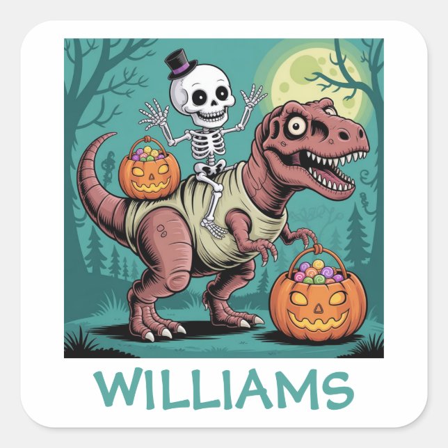 Personalised Halloween Skeleton Riding Dinosaur Square Sticker (Front)