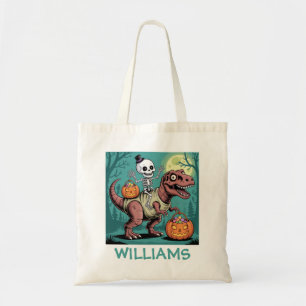 Personalised Halloween Skeleton Riding Dinosaur Tote Bag