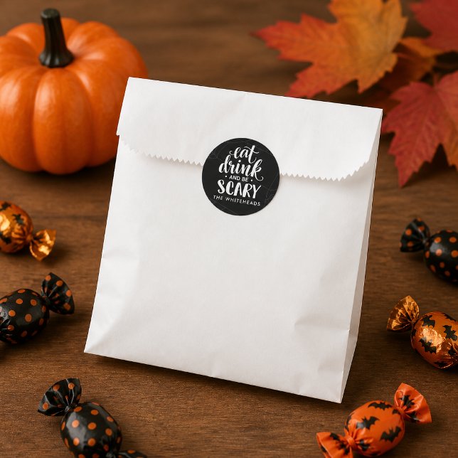 Personalised Halloween Treat Spiderweb Classic Round Sticker (Personalized Halloween Treat Spiderweb sticker featuring “Eat Drink and Be Scary” lettering.)