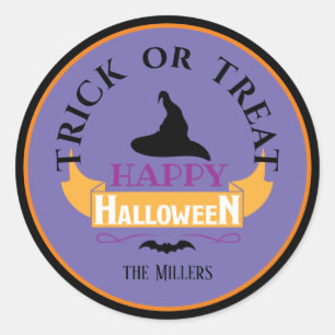 Personalised, Halloween Trick or Treat w/Witch Hat Classic Round Sticker