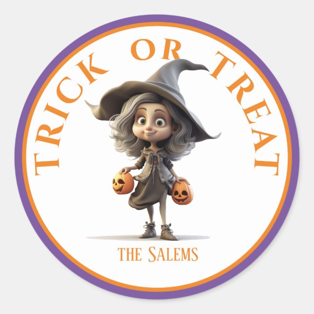 Personalised, Halloween Trick or Treat Witch Classic Round Sticker (Front)