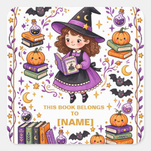 Personalised Halloween Witch Bookplate for Kids Square Sticker