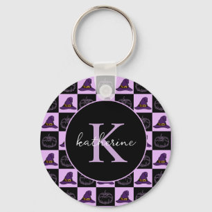 Personalised Halloween Witch Hat Spooky Pattern Key Ring