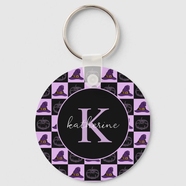 Personalised Halloween Witch Hat Spooky Pattern Key Ring (Front)