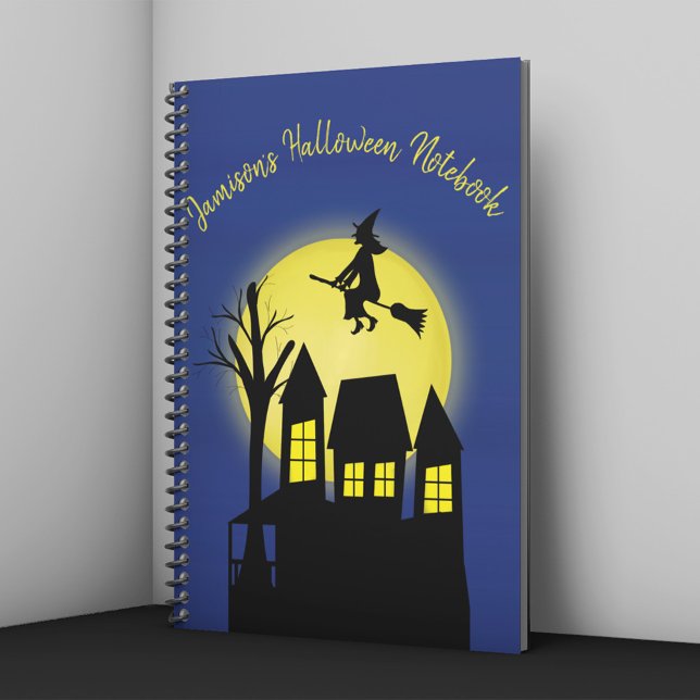 Personalised Halloween Witch Haunted House Notebook (Personalized Halloween notebook with witch flying over haunted house and glowing moon.)