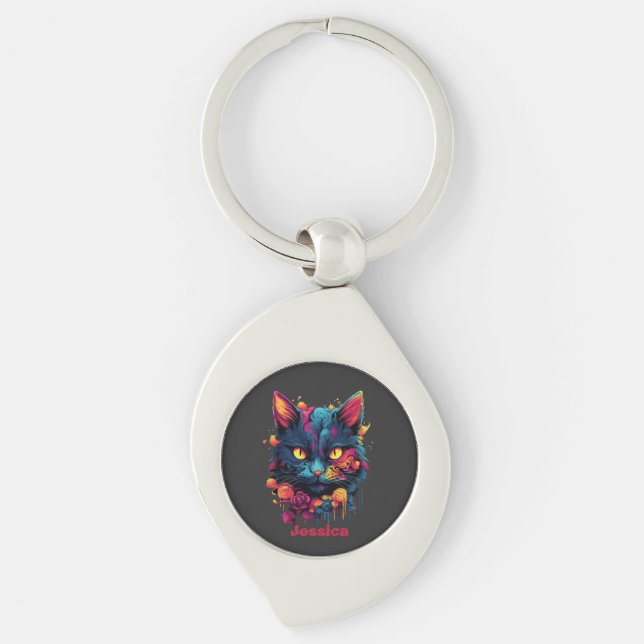 Personalised Halloween/Witch/Wizard/Goth Cat Key Ring (Front)