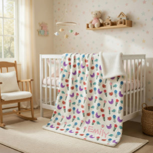 Personalised Hand-Drawn Folk Art Floral Kids Blank Sherpa Blanket