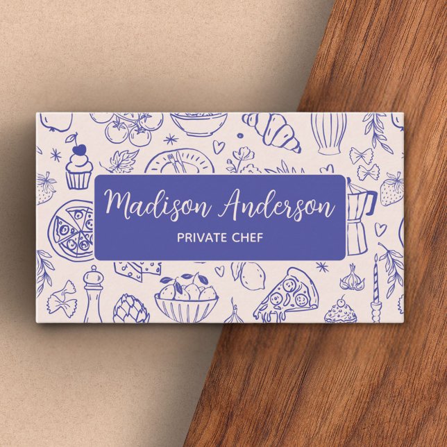 Personalised Hand Drawn Food QR Code Navy Blue Business Card (In situ)