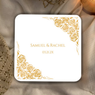 Personalised Hand Drawn Golden Roses Wedding Square Paper Coaster