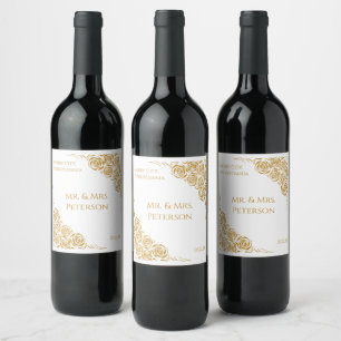 Personalised Hand Drawn Golden Roses Wedding Wine Label