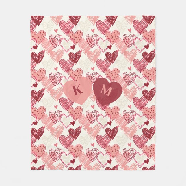 Personalised Hand Drawn Hearts Pattern Fleece Blanket (Front)