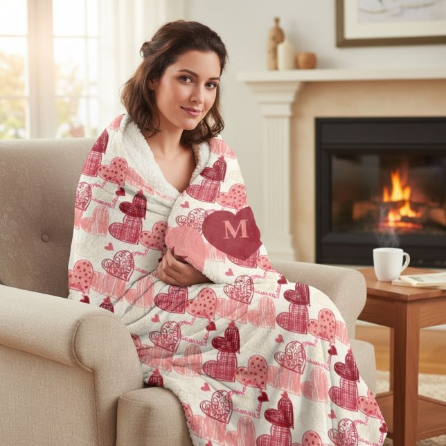 Personalised Hand Drawn Hearts Pattern Sherpa Blanket (Creator Uploaded)