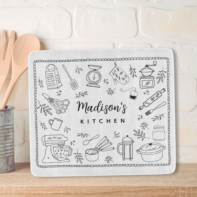 Personalised Hand Drawn Kitchen Cooking Utensils  Cutting Board (In situ)