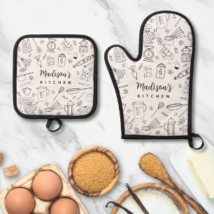 Personalised Hand Drawn Kitchen Cooking Utensils Oven Mitt & Pot Holder Set