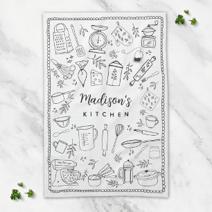 Personalised Hand Drawn Kitchen Cooking Utensils  Tea Towel