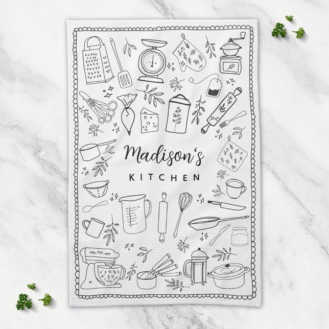 Personalised Hand Drawn Kitchen Cooking Utensils  Tea Towel (In situ)