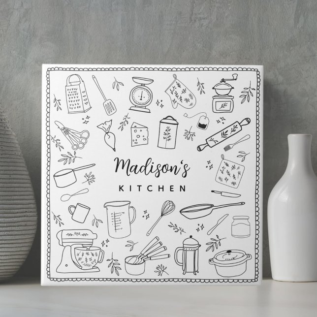 Personalised Hand Drawn Kitchen Cooking Utensils  Tile (In situ)
