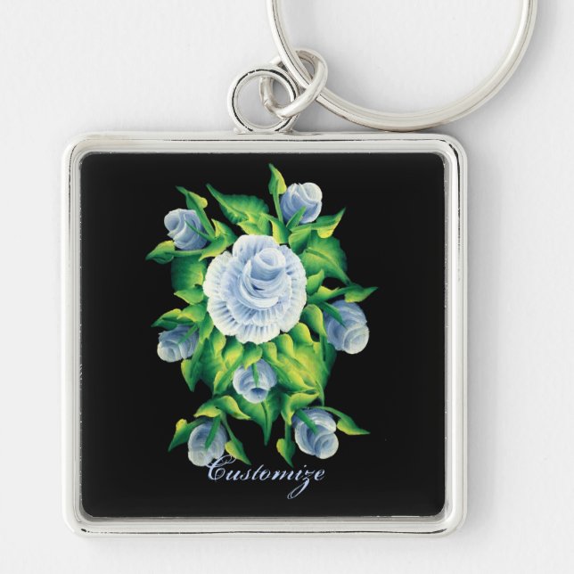 Personalised Hand Painted Blue Roses Key Chain 3 (Front)