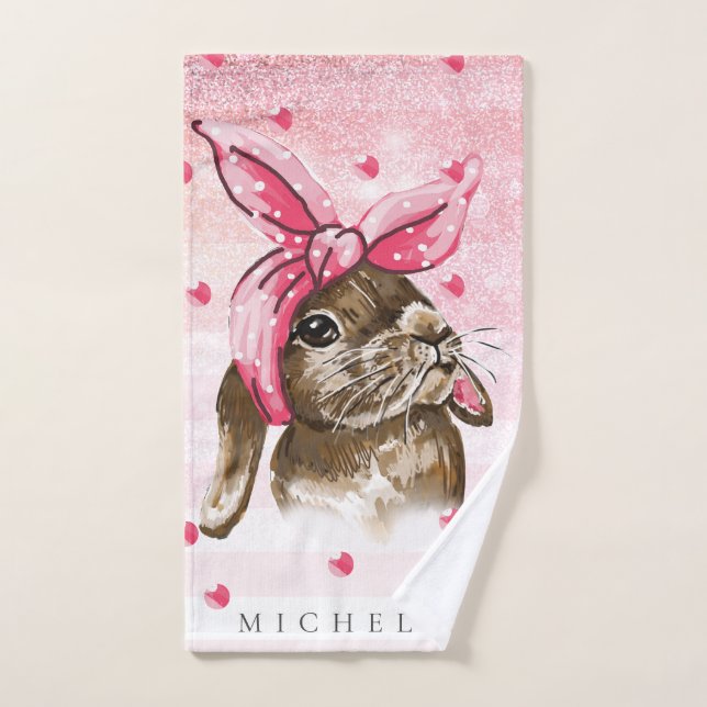 Personalised Hand painted Bunny glitter Hand Towel (Hand Towel)