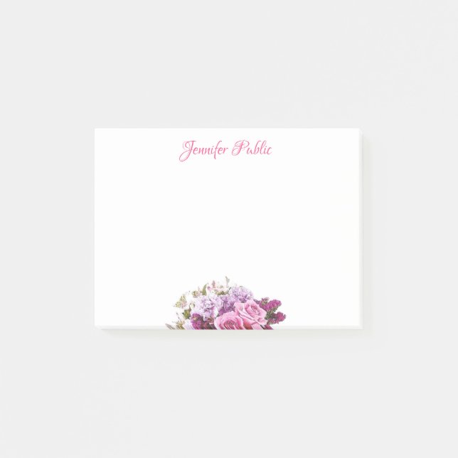 Personalised Hand Script Text Watercolor Flowers Post-it Notes (Front)