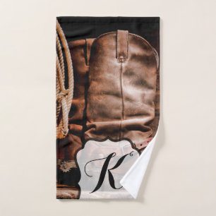 Personalised Hand Towel Cowboy Boots Barn Wood Rus