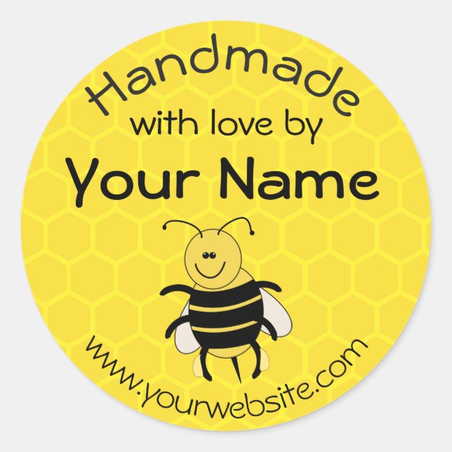Personalised Handmade By Round Sticker Honeybee (Front)