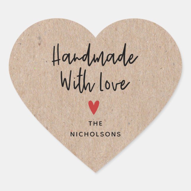 Personalised Handmade With Love Rustic Kraft Heart Sticker (Front)