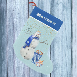 Personalised Hanukkah Blue Snowman Watercolor Small Christmas Stocking